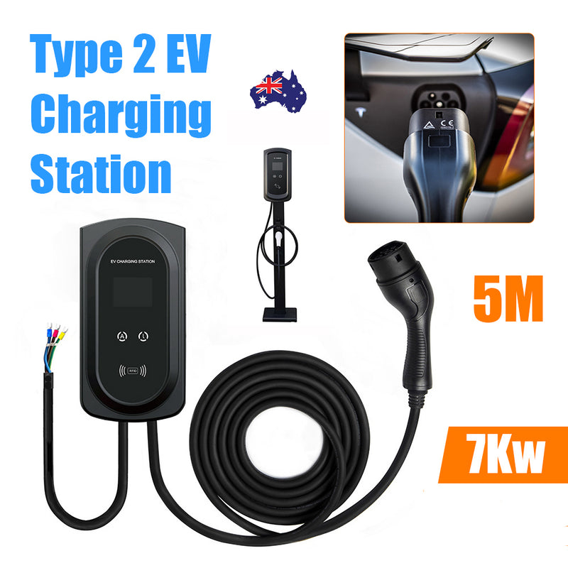 7kW EV Wallbox Charger | Type 2 | 32A | Single Phase | App + RFID Control | LCD Display | Weatherproof | Home & Commercial Use (AU Plug)