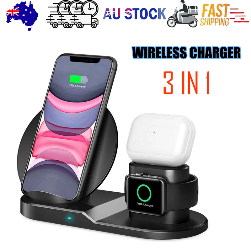 30 3-in-1 Wireless Charging Station | Qi Fast Charger Stand for iPhone, Samsung, Apple Watch & AirPods | Black