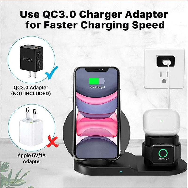 30 3-in-1 Wireless Charging Station | Qi Fast Charger Stand for iPhone, Samsung, Apple Watch & AirPods | Black