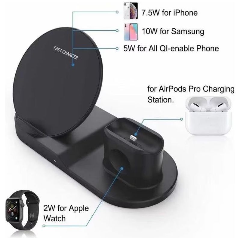 30 3-in-1 Wireless Charging Station | Qi Fast Charger Stand for iPhone, Samsung, Apple Watch & AirPods | Black