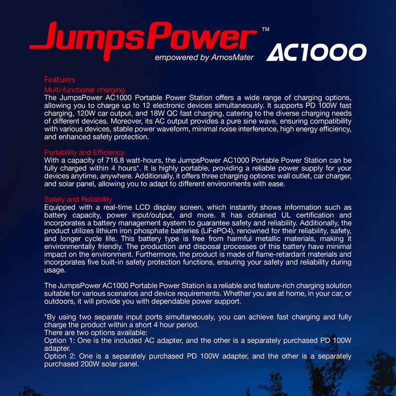 1000W Portable Power Station – JumpsPower 716Wh Battery Charger with LED Light