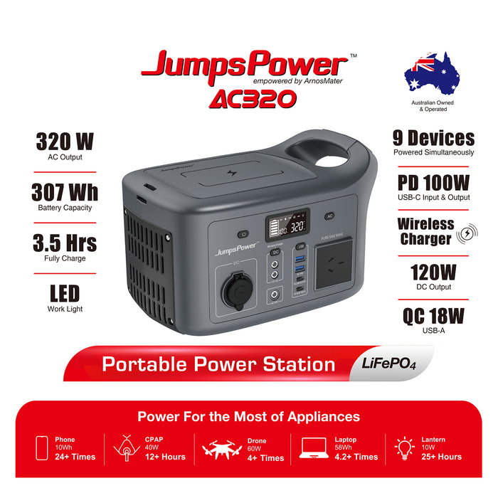 320W Portable Power Station – JumpsPower Wireless Battery Charger (307Wh) with LED Light