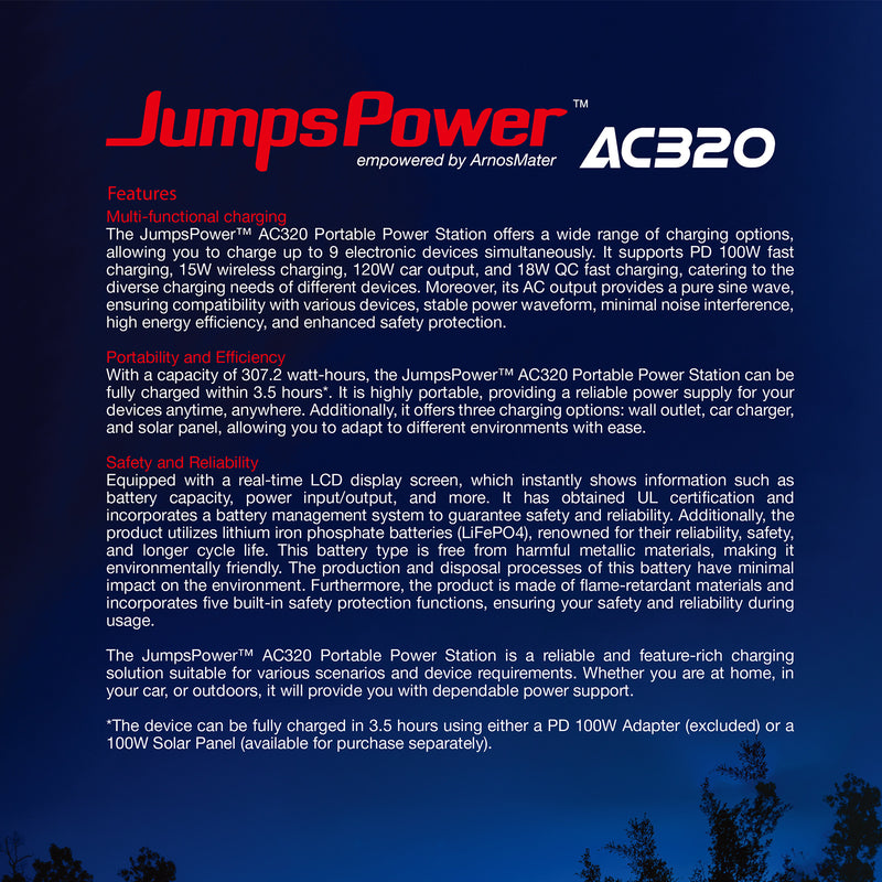 320W Portable Power Station – JumpsPower Wireless Battery Charger (307Wh) with LED Light
