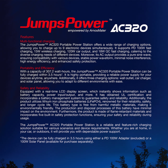 320W Portable Power Station – JumpsPower Wireless Battery Charger (307Wh) with LED Light