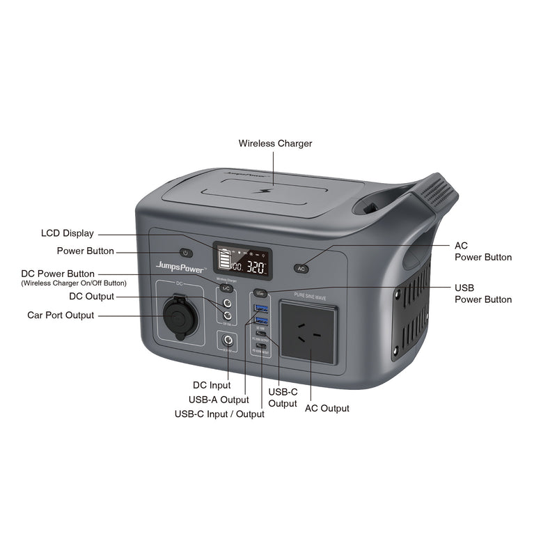 320W Portable Power Station – JumpsPower Wireless Battery Charger (307Wh) with LED Light