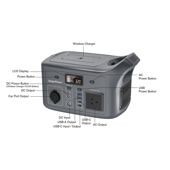 320W Portable Power Station – JumpsPower Wireless Battery Charger (307Wh) with LED Light