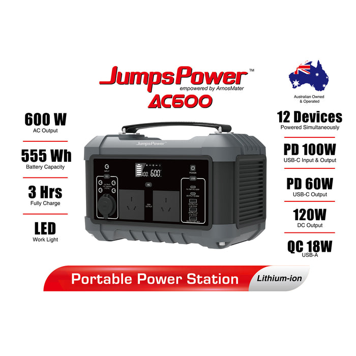 600W Portable Power Station – JumpsPower Battery Charger (555Wh) with LED Light