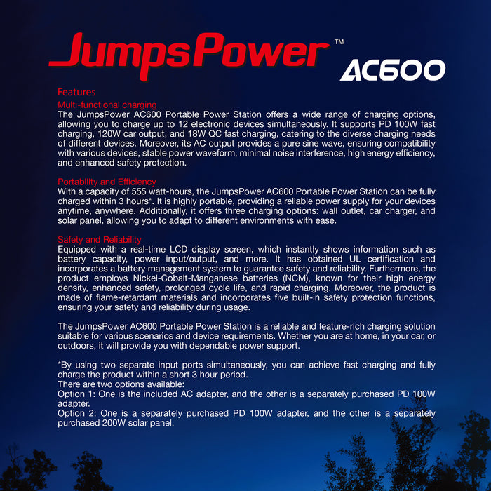 600W Portable Power Station – JumpsPower Battery Charger (555Wh) with LED Light